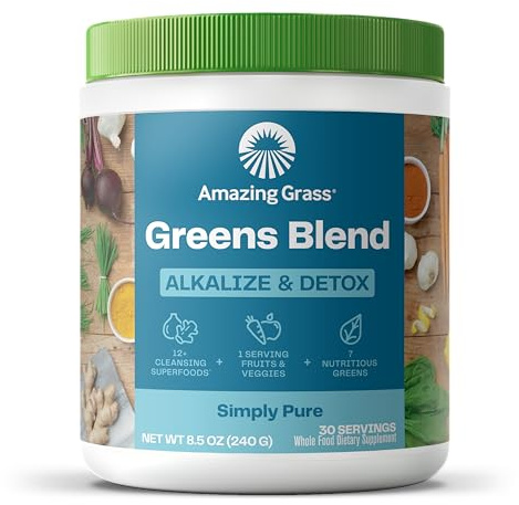 Amazing Grass Greens Blend Alkalize & Detox, Smoothie Mix, Cleanse with Super Greens & Beet Root Powder, Digestive Enzymes, Prebiotics & Probiotics, 30 Servings, 8.5 Ounce (Packaging May Vary)