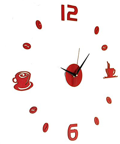 Aliciashouse Large Wall Clock DIY Wall Sticker Clock Coffee Tea Cup Number Clock Home Cafe Decor -red