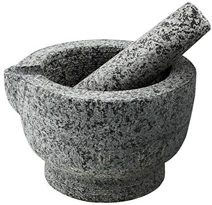 Juego de mortero y mortero de granito – Cuenco de guacamole molcajete tradicional, gran capacidad de 2 tazas, molinillo de piedra natural con boquilla de vertido + libro electrónico de recetas