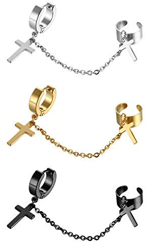 OIDEA Unisex Ohrringe Kreuz Creolen: 3 Paare Herren Damen Ohrclips mit Kreuz Anhänger Set Edelstahl Nicht Durchbohrte Fake Ohrpiercing Schwarz Gold Silber Ohrschmuck Geschenk für Männer Frauen