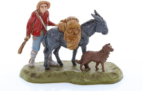 Moranduzzo Mann mit Esel und Hund für 6 cm Krippe Maßstab 1:32 – MINI 6 – Unzerbrechliche Figur, Stil '700, Handbemalt, Bildhauer M. Landi, Hergestellt in Italien