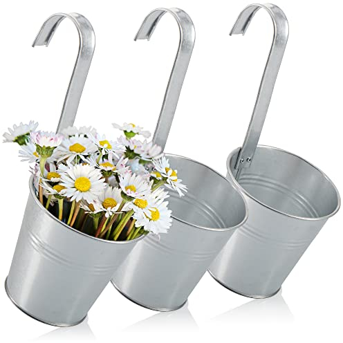 com-four® 3X Blumentopf zum Hängen für Balkon - Hängetopf für Pflanzen und Kräuter - Pflanzenübertopf mit Haken für Garten (03x Metalltopf - silberfarben)