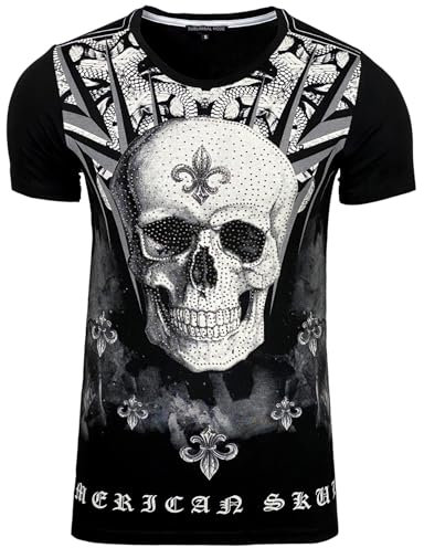 Subliminal Mode T-Shirt Homme Tête de Mort Col Rond Imprimé Fleur de Lys avec des Strass Manches Courtes Modèle BX2312 Noir S