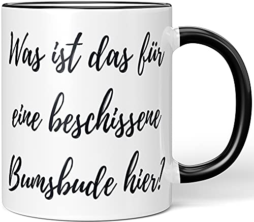 JUNIWORDS Tasse, was ist das für eine beschissene Bumsbude Hier?, Wähle Farbe, Schwarz