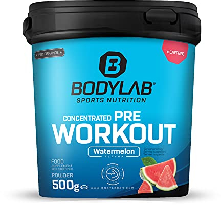 Bodylab24 Concentrated Pre Workout Wassermelone 500g, enthält unter anderem Kreatin, Beta-Alanin, Arginin, Niacin und Koffein, bewährte All-In-One-Formel fürs Training