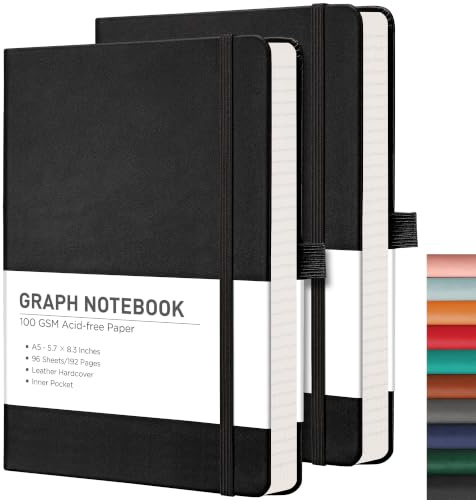 RETTACY A5-Notizbücher, kariert, 2 Stück, Leder-Tagebuch, gebunden, mit 2 Haftnotizen-Trennblättern, 384 Seiten, 100 g/m² dickes Papier, Stifthalter, Innentasche, 14,5 x 21 cm
