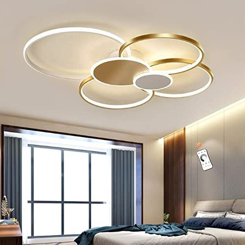Lfoute LED Deckenleuchte Modern Wohnzimmer Deckenlampe Kreis Deckenlicht Dimmbar Mit Fernbedienung Acryl Lampenschirm Esszimmer Kronleuchter Schlafzimmer Restaurant Büro Beleuchtung,Gold,100cm