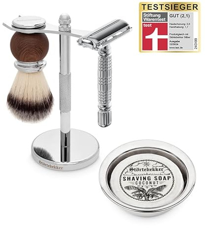 Störtebekker® Premium Rasierständer Set - mit Rasierhobel, Rasierpinsel, Rasierschale und Rasierseife Kokos - hochwertiges Rasierset/Bartpflege Set - 8 Düfte - Geschenkidee Herren Rasierset