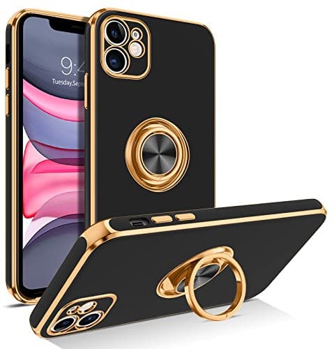 GUAGUA iPhone 11 Case,iPhone 11 Phone Case with 360° Ring Holder Slim Shockproof Support Magnetic Car Mount Kickstand Women Men Non-Slip Protective Phone Cover for iPhone 11 6.1 inch, Black/Gold