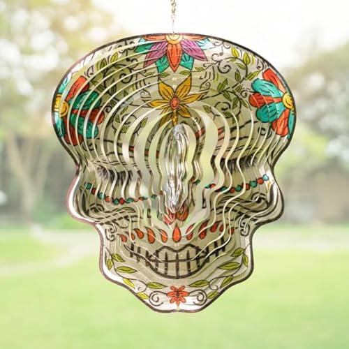 Skylar Day of the Dead Totenkopf 30,5 cm Windspiel, mehrfarbig, Edelstahl, hängende Ornamente, Windspiel für den Außenbereich, 3D-visuelle Effekte, Gartenkunstdekoration, Metall, für drinnen und