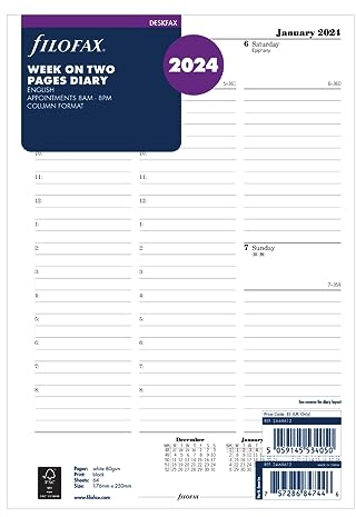 Filofax Deskfax Wochenkalender auf zwei Seiten mit Terminen, englisches Tagebuch 2024, weiß, 176 mm x 250 mm