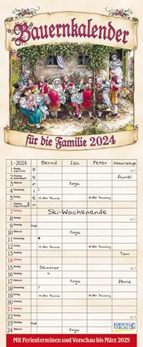 Bauernkalender für die Familie - Familienplaner 2024 für 4 Personen - Korsch-Verlag - Kalender mit 4 Spalten zum Eintragen - 19 cm x 46 cm