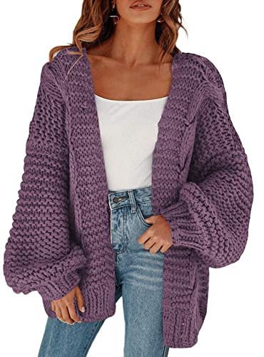 Cicy Bell Damen Strickjacken Cardigan Lose Laternenärmel Elegante Übergroße Pullover Lila L