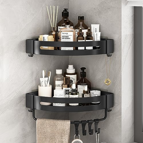 FOXWHALE Duschablage Ohne Bohren, Duschregal Ecke Schwarz, 2 Stück Dreieck Duschkorb, Badezimmer Regal Badregal, Dusche für Bad Küche Toilette Shampoo und Duschgel (Dreieckig)