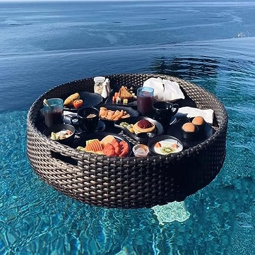 XDLYWUZIQ Schwimmendes Essenstablett Für Pool, Rattan-Schwimmtablett, Schwimmbecken, Sandbank-Tablett, Für Pool-Strandparty, Vielseitige Tragbare Servierbar,60 * 60 * 20-Black