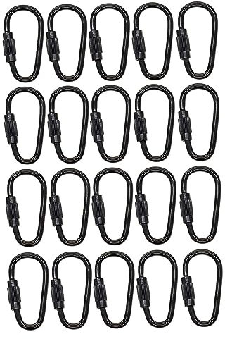 Oshhni 20 pièces Mini Mousqueton de Verrouillage à Vis Robuste pour la Pêche, Noir, Carabiner, Forme D, Acier, Mousqueton de Verrouillage à Vis, EDC, Randonnée, Camping, Pêche