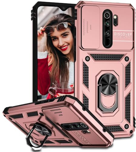 POUHYE Funda para Xiaomi Redmi Note 8 Pro Carcasa Original, Silicone TPU + PC Rugged Bumper Case con 360° Magnético Anillo Soporte, Cubierta de cámara Deslizante Proteger Carcasa Oro Rosa