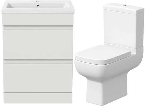 BAYSTONE Modern 600mm Bathroom Basin Sink Drawer Vanity Unit White Gloss Furniture Toilet Close Coupled Ceramic WC