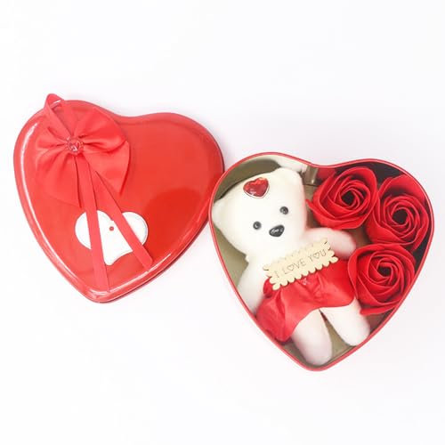 SECALIFE Red Roses Handmade Preserved Roses in Heart Shape Box, 3 Pcs Rose Flower with I Love You for Her, Valentine's Day Mother's Day Wedding Christmas