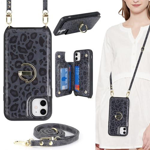 ELTEKER for iPhone 12 Mini Phone Case with Card Holder and Strap,PU Leather Wallet Case Flip Cover with Crossbody Lanyard Strap for iPhone 12 Mini (5.4 Inch) - Black Leopord