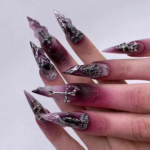 MouyouGlow Press on Nails Long,Stiletto Halloween Lila Airbrushing Chrome Feuer 3D Spinnen Cross Stars Gothic Y2K Fake Nails mit Nagelkleber,Horror Creepy Spooky Künstliche Fingernägel