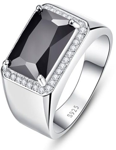 Yaresul Schwarzer Onyx Ring für Männer 7ct 8X12mm Herren Silber Ringe Rechteck Schliff mit weißen Cubic Zirkonia 925 Sterling Silber Ringe für Männer Hochzeit Verlobungsband, Größe 60(19.1)