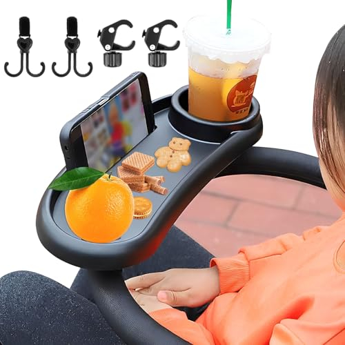 Baby Stroller Snack Tray with Cup Holder Universal Stroller Food Tray Removable Multifunction Stroller Organizer with Adjustable Buckle and Hooks Reusable Pushchair Cup Holder (39×18.5×6cm)