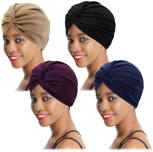 XEPST Turban Damen Baumwolle Chemo Hüte, 4 Stücke Turban für Frauen Vorgebunden Beanie Kopfbedeckung Plissee Mütze Weich Turban Kopfwickel Kappe Haarausfall Hut