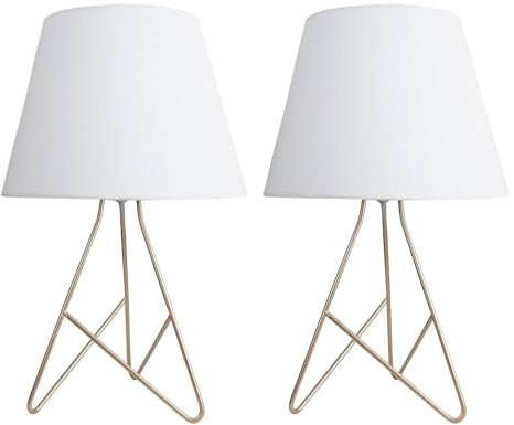 firstchoicelighting Set of 2 Modern Tripod Table Lamps or Bedroom Bedside Lights, Gold Base with White Fabric Shade, Height 42 cm, LED Compatible