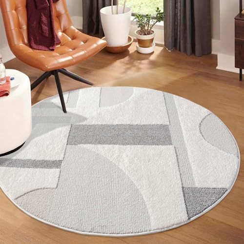 carpet city Kurzflor Teppich Grau, Creme - 200 cm Rund - Wohnzimmer-Teppiche Hochtief-Muster, 3D-Effekt - Geometrisches Muster - Flachflor Bodenbelag, Deko Schlafzimmer