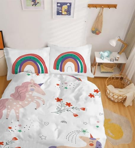 CINYE Kinder Mädchen Kawaii Einhorn Bettwäsche 200x200cm Wendebettwäsche Mit 80×80cm Kissenbezug 3D Gedruckt Blumen Regenbogen Muster 100% Microfaser Bunt Bettwäsche Mit Reißverschluss