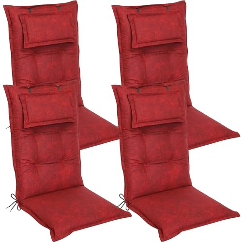 DILUMA Hochlehner Auflage Luxor 120x50 cm mit Kopfpolster Rot 4er Set - Luxus Stuhlauflage mit 8 cm Polsterung