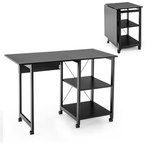 COSTWAY Mesa Plegable Ordenador, Escritorio con 2 Estante de Almacenamiento, Mesa Plegable con Ruedas, Mesa Plegable Comedor Cocina Oficina (Negro)