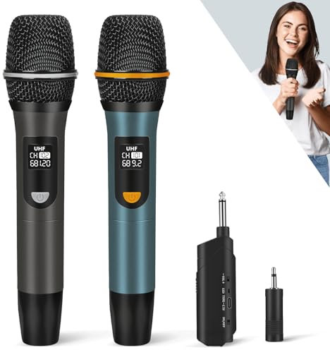 DFTRT Wireless Microphones, UHF Metal Rechargeable Cordless Dynamic Mic System with Auto-Connect Receiver, 160ft Range Professional Wireless Microphone for Karaoke, Wedding, Party (Grey & Navy)