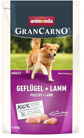 animonda GranCarno Adult Hundetrockenfutter getreidefrei Geflügel + Lamm (1 x 4 kg), Trockenfutter für Erwachsene Hunde ohne Gluten und Weizen, Hundefutter trocken mit hoher Bekömmlichkeit