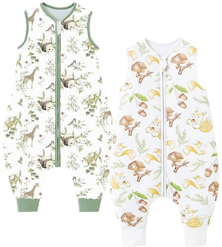 Chilsuessy Baby Schlafsack mit Füße 2er Pack 2.5 Tog Ganzjahres Schlafsack Baby Schlafsäcke Babyschlafsack mit Beinen für Säugling Kinder, 2.5 Tog/Eichhörnchen + Giraffe, 80cm/Baby Höhe 90-100cm