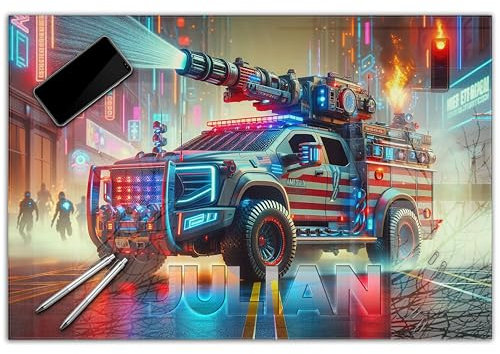 Schreibtischunterlage personalisiert mit Namen | 80 x 50 cm Feuerwehr Futuristisch | wasserfeste Schreibunterlage, abwischbar, glatt | stabiles, hochwertiges Acrylglas, Kinder Kunststoff