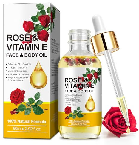 Rose Vitamin E Face & Body Oil - 100% Natural Moisturize Reduce Wrinkles Diminish Scars and Stretch Marks Enhances Skin Elasticity Rose Vitamin E Oil Organic for Face Body Massage Oil