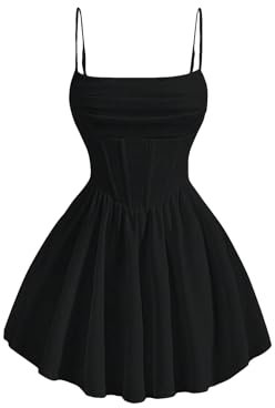 GORGLITTER Women's A Line Flowy Ruffle Mini Cocktail Dress Ruched Sleeveless Corset Dresses Black Large