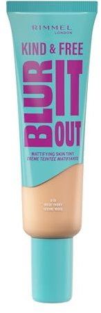 Rimmel Kind & Free, Blur It Out Mattifying Skin Tint, 010 Rose Ivory, Lightweight Matte Finish, Minimises Pores, Infused with Cica Complex and Vitamin E, SPF 20, All-Day Shine Control, 30ml