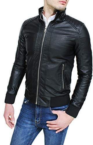 Giubbotto giacca uomo casual nero slim fit in ecopelle giubbino bomber moto chiodo (IT, Testo, 3XL, Regular, Regular, Nero)