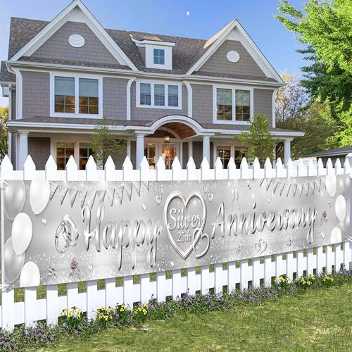 25th Wedding Anniversary Decorations Banner - Happy Silver 25th Anniversary Yard Banners, Glitter Backdrop Party Supplies for Couples(37x274cm/14.5x107.8in)