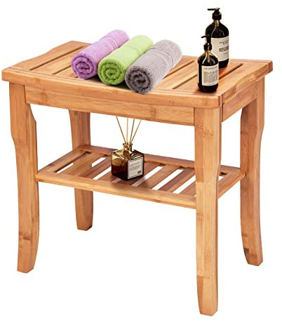 Banc de douche en bambou avec étagère de rangement, tabouret de sauna à 2 étages pour intérieur et extérieur