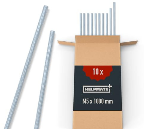 HELPMATE – Asta filettata M5 x 1000 mm in acciaio zincato – 10 pezzi barra filettata con filettatura metrica – perno filettato con classe di resistenza 4.8, DIN 976