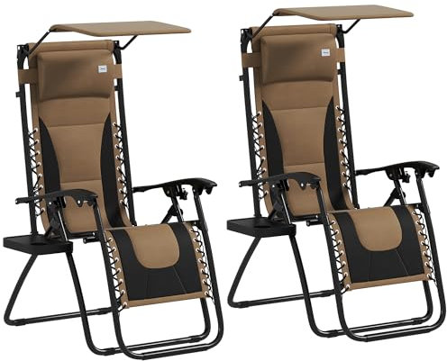 Outsunny Zero Gravity Lounger Chair Set of 2, Folding Reclining Patio Chair with Shade Cover, Cup Holder, Soft Cushion and Headrest for Poolside, Camping, Coffee