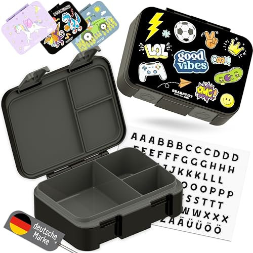 BEARFOOT Bento Box COMPACT | BPA-freie Kinder Brotdose für Schule & Kindergarten | Auslaufsichere Lunchbox für Mädchen & Jungen | Praktisch, leicht & kompakt (Sticker-schwarz, 650ml)
