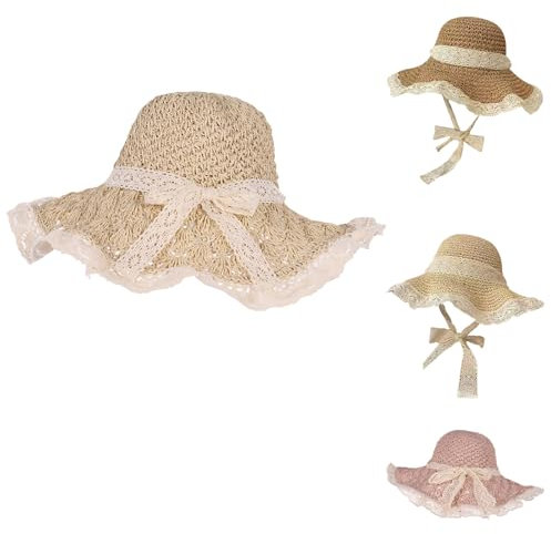 Chapeau de paille pour femme avec dentelle - Chapeau de soleil à large bord pliable - Chapeau de paille en crochet élégant, Beige 1, Taille unique