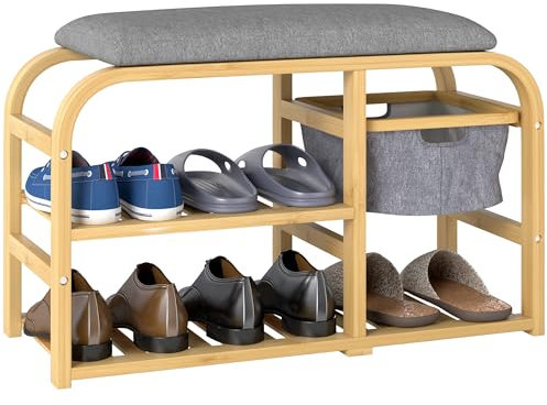 HOMCOM Banc à chaussures avec 2 étages, banc avec panier extensible, 2 étagères à chaussures, banc de vestiaire avec aspect lin, pour 5 paires de chaussures, pour hall d'entrée, couloir, bambou, gris,