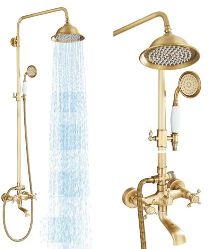 Wanym Colonne de Douche Rétro avec Mitigeur, Laiton Vintage Robinet de Douche Mural, Réglable Hauteur 70-120cm avec Douchette et Pommeau de Douche 8'' pour Salle de Bain,D