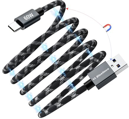 Elexlinco Magnetic USB C Cable, 1M Retractable Coiled USB C Charging Cord for Data Transfer, 60W USB to USB A Fast Charging Cable Compatible with iPhone 16, Samsung Galaxy S24/A55, Macbook and More